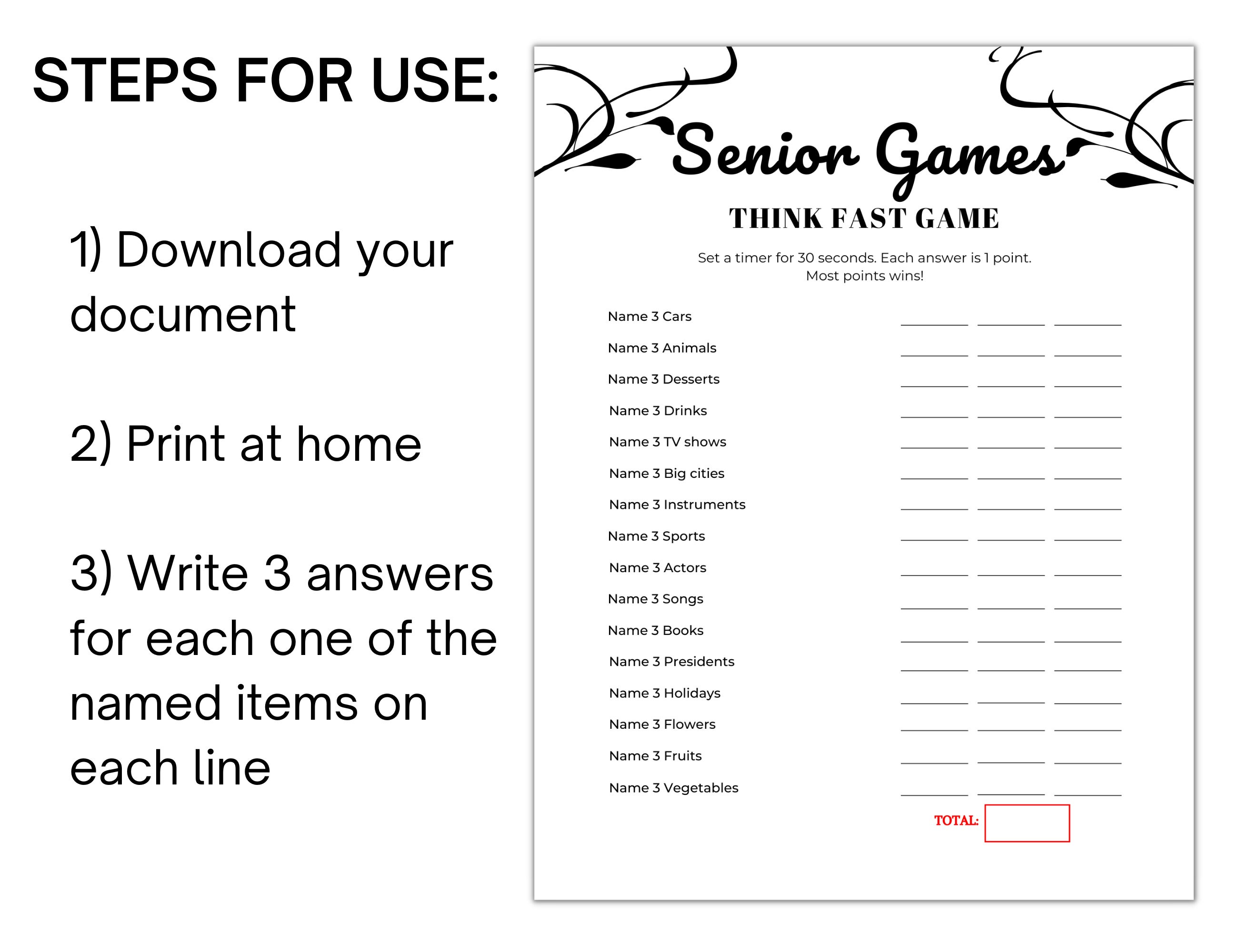 Senior Think Fast Game, Printable Games for Seniors, Ice Breaker Games ...