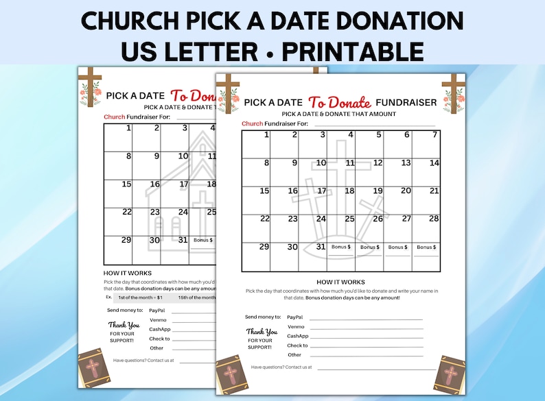 Church Pick a Date Donation, Fundraiser Calendar, Pick a Date to Donate