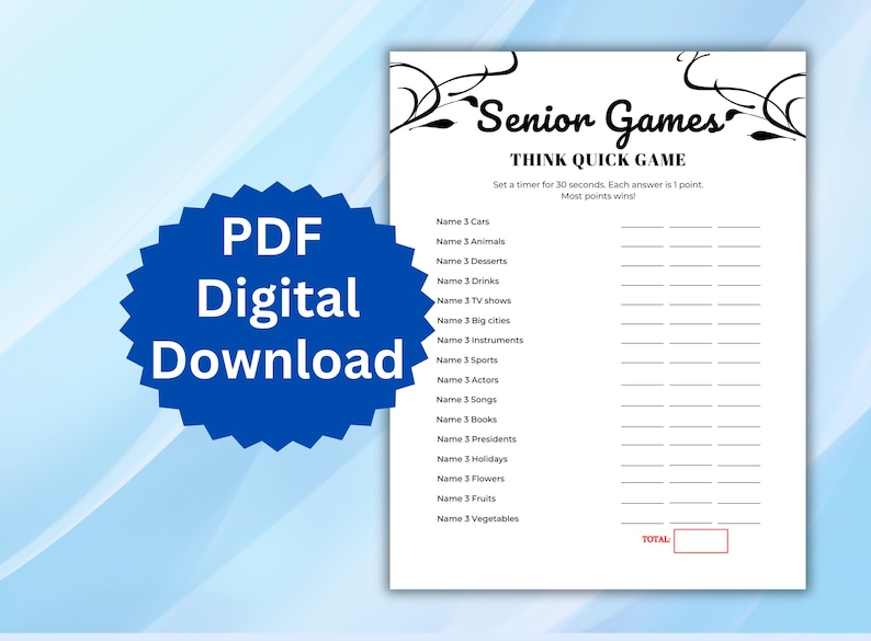 Senior Think Quick Game Printable Games for Seniors Ice Breaker Games Senior Think Quick Game Printable Games for Seniors Ice Breaker Games