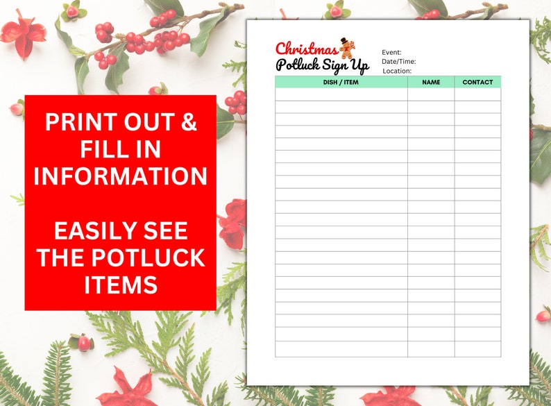 Christmas Potluck Sign up Sheet, Holiday Potluck - Etsy