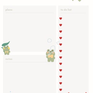 Pode incluir: Um planejador diário com uma ilustração de sapo verde e uma lista de tarefas com corações vermelhos. O planejador tem seções para planos, notas e uma lista de tarefas.