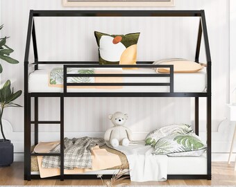 Modern Twin Over Twin Junior Metal Floor Bunk Bed with Ladder House Shaped Bunk Bed Frame for Kids