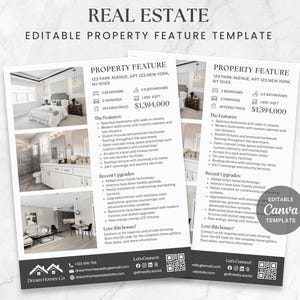 Puede incluir: Plantilla de características de propiedad inmobiliaria con detalles de una propiedad en 123 Park Avenue, Nueva York, con 2 dormitorios, 2,5 baños y un precio de venta de $1.394.000. Incluye un código QR e información de contacto.