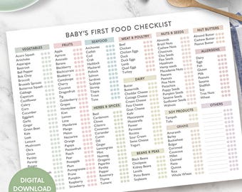 Printable Baby's First Food Checklist | Baby Food Tracker | Baby Led Weaning  First Foods for Baby Nutrition Chart | Baby Feeding List