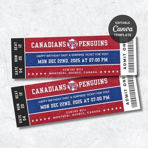 May include: Two hockey tickets for a Canadiens vs. Penguins game. The tickets are red, white, and blue, with the game details: December 22nd, 2025, at 7:00 PM at Centre Bell in Montreal, Canada. The text "Happy Birthday Dad! A Surprise Ticket for You!" is also visible.