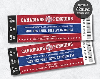 Plantilla de boleto de hockey editable, regalo sorpresa para él, regalo para papá, regalo para fan de los Montreal Canadiens.