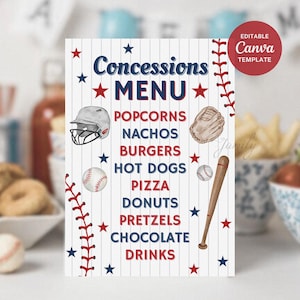 May include: A baseball-themed concessions menu with a white background and vertical pinstripes. The menu features a baseball helmet, glove, baseball, and bat illustrations. The text includes "Concessions MENU" and food items like popcorn and pizza.