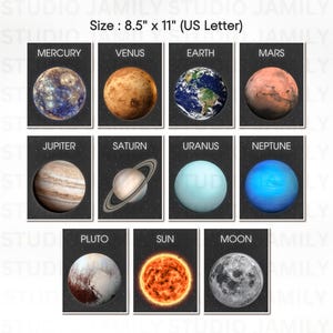 May include: A set of nine educational posters featuring planets and celestial bodies. Each poster displays a planet or the sun and moon against a dark background. The posters are sized 8.5" x 11" (US Letter) and include the names of each planet.
