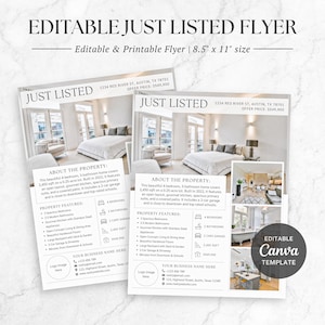 May include: A white and gray real estate flyer with a photo of a modern home. The flyer includes the text "Just Listed" and details about the property, including the address, price, number of bedrooms and bathrooms, and square footage. The flyer also includes a call to action for potential buyers to contact the realtor.