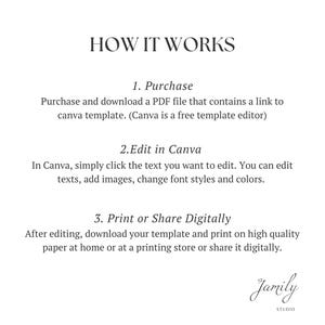 May include: How it works: Purchase a PDF file with a link to a Canva template, edit the text, images, and fonts in Canva, then print or share digitally.  Jamily Studio.