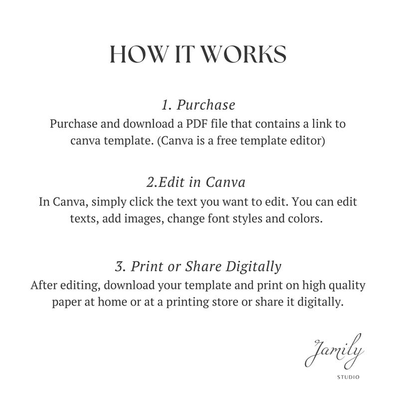 May include: How it works: Purchase a PDF file with a link to a Canva template, edit the text, images, and fonts in Canva, then print or share digitally.  Jamily Studio.