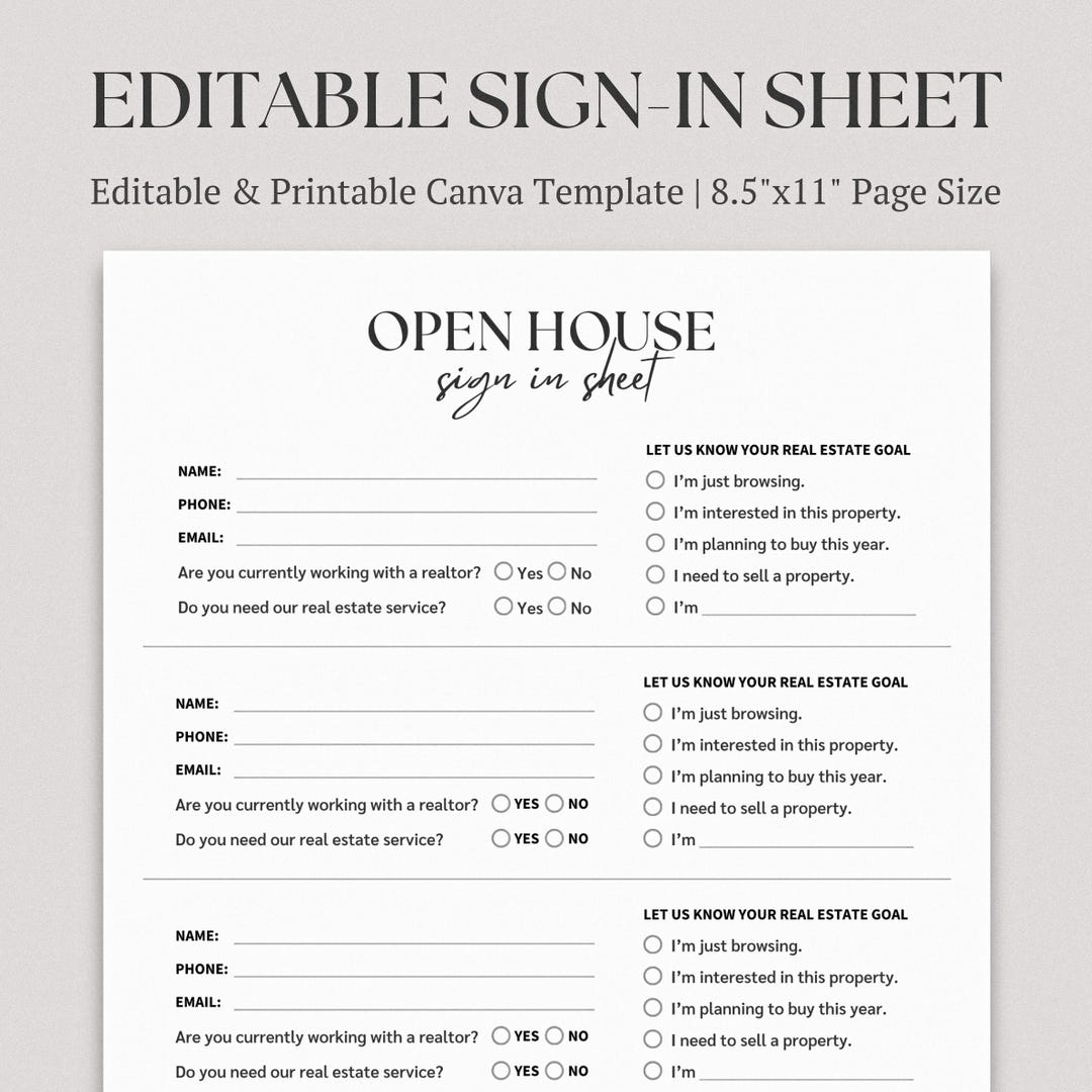 Editable Real Estate Sign-in Sheet for Realtors Printable Real Estate ...