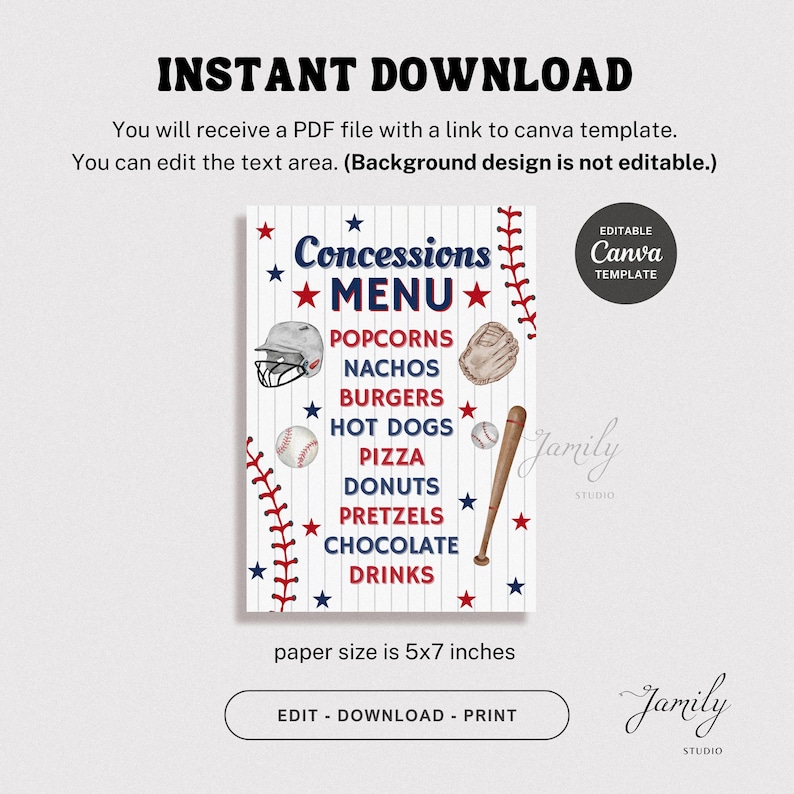 Baseball Menu Labels Editable Baseball Party Menu Template | Printable Baseball Concession ...