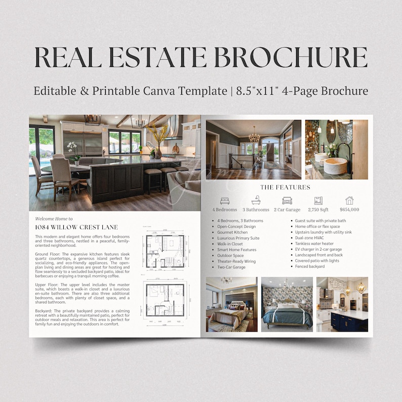 Puede incluir: Un folleto de bienes ra&iacute;ces para una casa de 4 dormitorios y 3 ba&ntilde;os con un garaje para 2 coches. El folleto presenta fotos del interior y el exterior de la casa, as&iacute; como un plano de planta. La casa est&aacute; ubicada en 1084 Willow Crest Lane y tiene un precio de 523.200 &euro;.