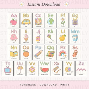 May include: A colorful alphabet chart with illustrations for each letter. The chart features a pink background with white borders around each letter and illustration. The letters are in uppercase and the illustrations include an apple, bus, crayons, earth, flower, gift, hat, ice cream, juice, kite, lemon, milk, notebook, orange, pencil, quilt, rainbow, sandal, television, umbrella, volleyball, watermelon, xylophone, yo-yo, and zigzag.