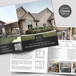 Puede incluir: Un folleto tr&iacute;ptico para una casa moderna en Austin, Texas. El folleto presenta una foto de la casa, un plano de planta y una lista de caracter&iacute;sticas. La direcci&oacute;n es 1234 Red River St, Austin, TX 78701. El folleto es de LG Smart Realty.