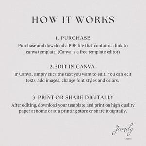Puede incluir: C&oacute;mo funciona: Compra un archivo PDF, ed&iacute;talo en Canva e impr&iacute;melo o comp&aacute;rtelo digitalmente. Canva es un editor de plantillas gratuito. Jamily Studio.