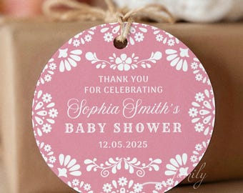 Bearbeitbare rosa Talavera-Geschenkanhänger im mexikanischen Stil für Babypartys | Runde Geschenkanhänger (5 x 5 cm) | Druckbare Gastgeschenkanhänger