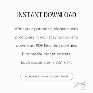 May include: White background with the text "INSTANT DOWNLOAD". The text describes how to download 11 printable planet posters after purchase. The paper size is 8.5" x 11". A button reads "PURCHASE - DOWNLOAD - PRINT".
