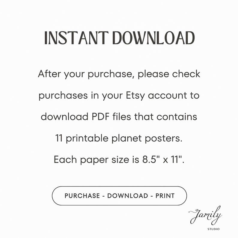 May include: White background with the text "INSTANT DOWNLOAD". The text describes how to download 11 printable planet posters after purchase. The paper size is 8.5" x 11". A button reads "PURCHASE - DOWNLOAD - PRINT".