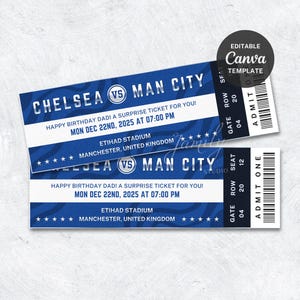 Redigerbar presentmall för fotbollsmatch med överraskningsbiljett för honom | Presentbiljett för sportmatch | Sportpresent till pappa | Present till Chelsea-fan