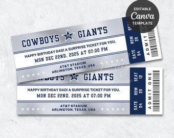 Bewerkbare kaartsjabloon voetbalticket verrassingscadeau | Afdrukbaar sportticket cadeau voor hem | Cadeau voor papa Cadeau | Dallas Cowboys-fancadeau