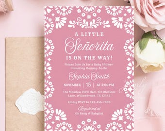 Bearbeitbar Eine kleine Señorita ist auf dem Weg Baby Girl Shower Einladung Vorlage | Rosa Talavera mexikanisches Thema-Babyparty einladen