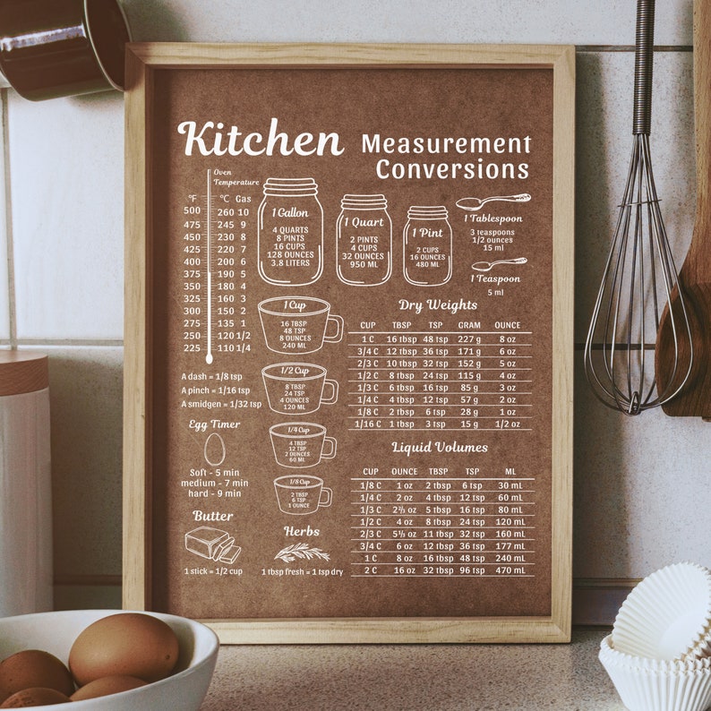 Kitchen Conversion Chart Printable Cooking Conversion, Vintage Kitchen Decor, Kitchen Measurements Conversion Mason Jar, Kitchen Art Print zdjęcie 2