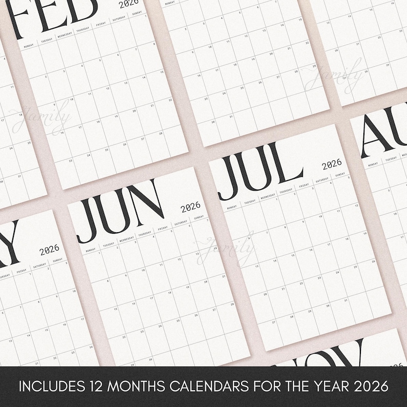 Printable 2026 Calendars 12 Months Whole Yar Calendar Printable - Etsy