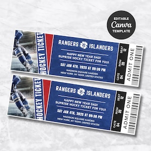 May include: Two hockey tickets with a blue and red design. The tickets read "Rangers vs Islanders" and include the text "Happy New Year Dad! Surprise Hockey Ticket for You!" and event details.