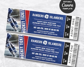 Editable Hockey Ticket Surprise Gift Ticket Template | Printable Sport Ticket Gift for Him | Gift for Dad Gift | Hockey NY Rangers Fan Gift