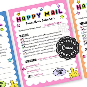Könnte beinhalten: Eine druckbare Happy Mail Notizvorlage mit rosa gewelltem Rand, bunten Sternen und einer Checkliste für positives Schülerverhalten. Das Dokument enthält Felder für den Namen, Kommentare und das Datum sowie eine Good Job Grafik mit Daumen hoch.