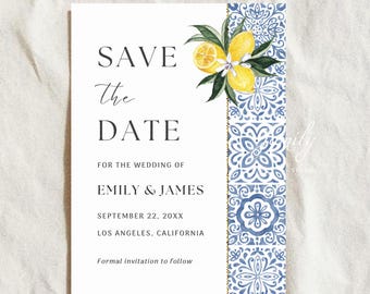 Editable Save The Date Invitation Template for Greece Lemon Wedding | Mediterranean Blue Tiles Wedding Invite Italian Wedding Amalfi Coast