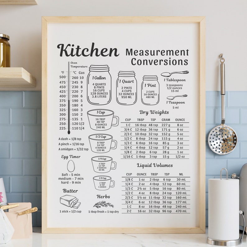 Kitchen Conversion Chart Printable Cooking Conversion, Vintage Kitchen Decor, Kitchen Measurements Conversion Mason Jar, Kitchen Art Print image 4