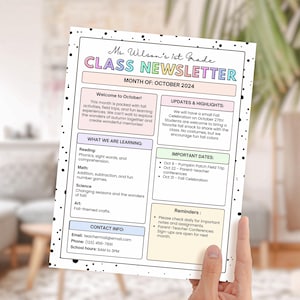 Plantilla editable para boletín informativo del aula, carta imprimible para maestros, boletín escolar, primaria, preescolar, jardín de infantes, aula retro arcoíris.