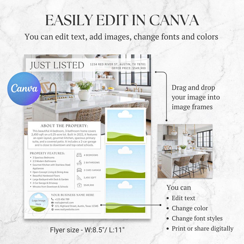 May include: A real estate flyer template for Canva with a modern kitchen photo, a blue and green landscape illustration, and text that says "Just Listed" and "Easily Edit in Canva". The flyer includes the property address, price, and features. The text says "Drag and drop your image into image frames" and "You can edit text, change color, change font styles, print or share digitally".