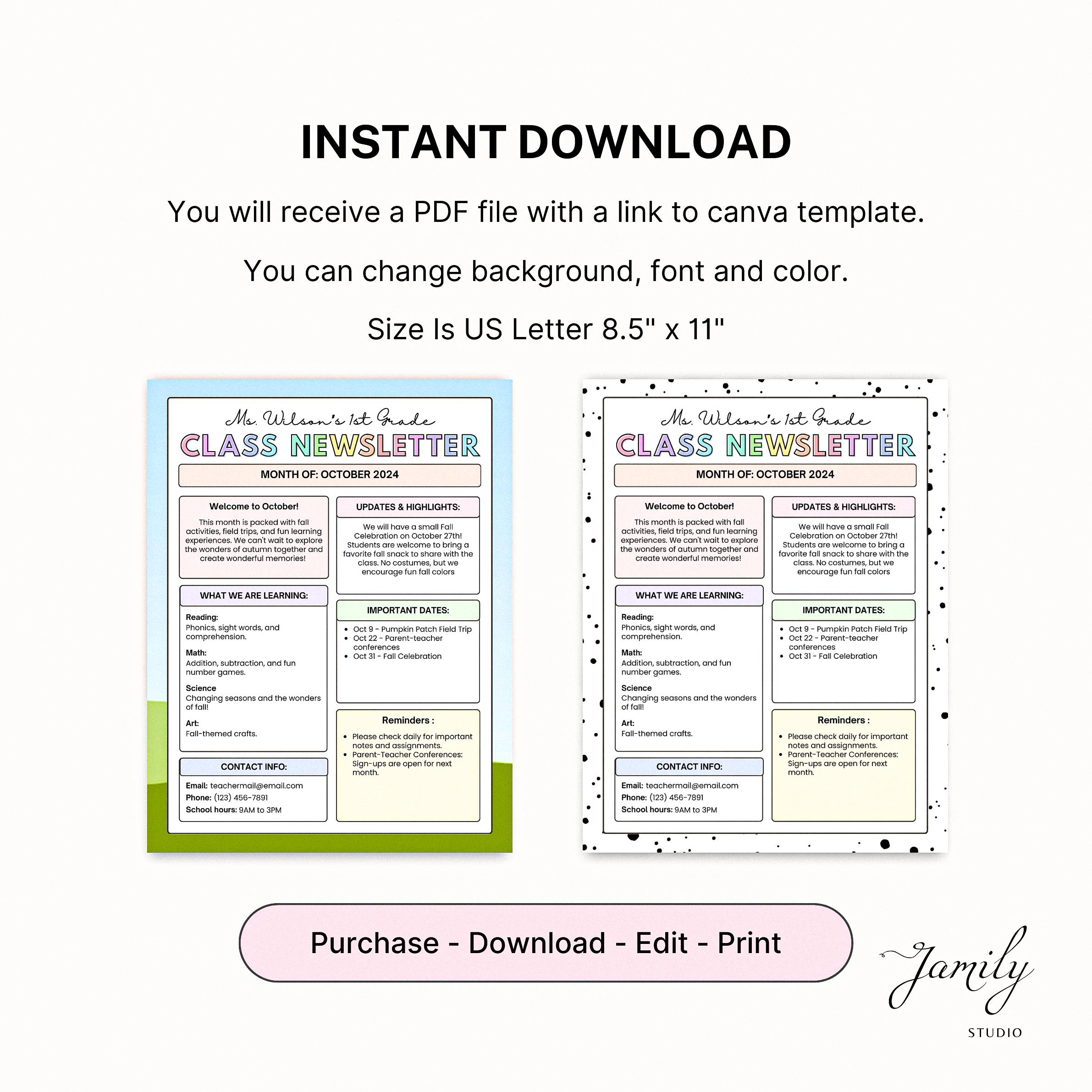 Editable Classroom Newsletter Template Printable Teachers Letter School ...