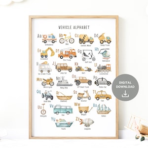 Druckbare Kinder Fahrzeuge Alphabet Auto ABC Poster Kinder Lernposter Kinder Alphabet druckbare Kinderzimmer Dekor