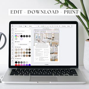May include: A laptop computer screen displaying a real estate listing template. The template is titled "Just Listed" and features a photo of a living room with a large window. The template also includes information about the property, such as the address, square footage, and number of bedrooms and bathrooms.