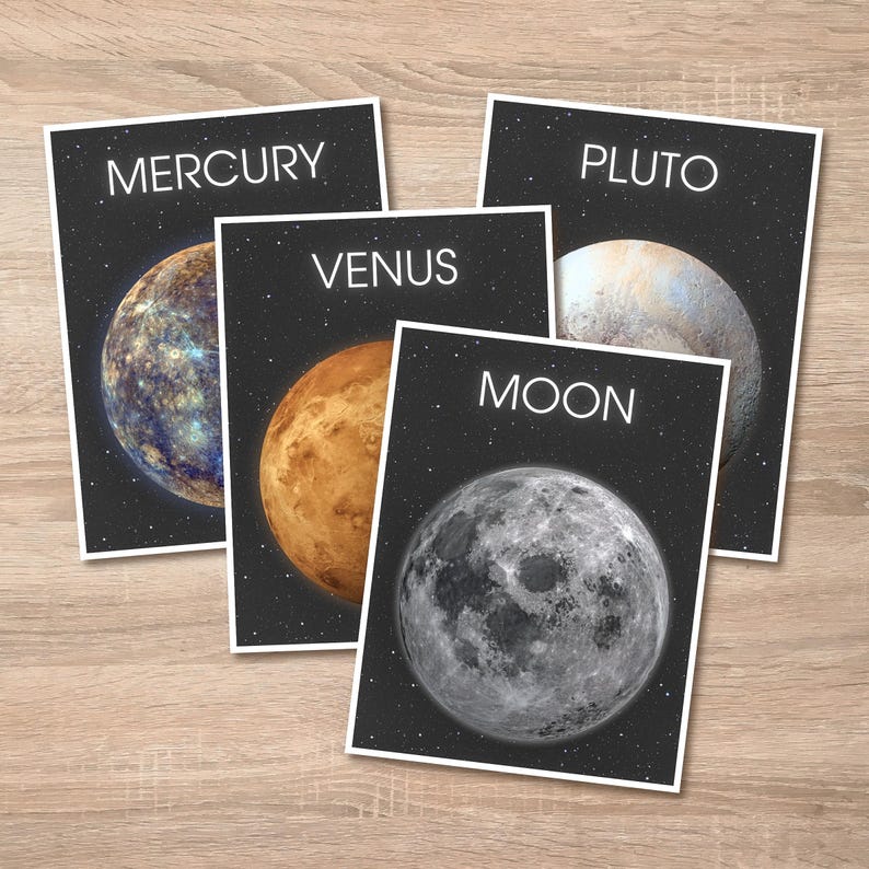 May include: Four educational posters featuring planets and the moon. Each poster has a black background with white text. The posters display Mercury, Venus, Pluto, and the Moon, with detailed illustrations of each celestial body.