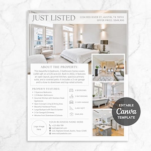 May include: A real estate listing flyer for a 4-bedroom, 3-bathroom home with a 2-car garage. The flyer includes photos of the home's interior and exterior, as well as information about the property's features and location. The flyer also includes contact information for the real estate agent.