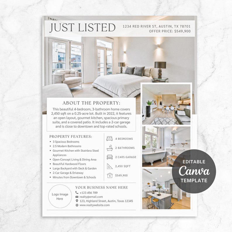 May include: A real estate listing flyer for a 4-bedroom, 3-bathroom home with a 2-car garage. The flyer includes photos of the home's interior and exterior, as well as information about the property's features and location. The flyer also includes contact information for the real estate agent.