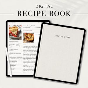 May include: A digital recipe book app on a tablet screen, showing a recipe for Strawberry Rhubarb Pie. The recipe includes ingredients, instructions, and a photo of the finished pie. The app has a simple, clean design with a white background and black text.
