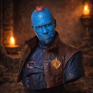 May include: A bust of a blue-skinned humanoid with a red fin on top of the head. The figure wears a brown leather jacket with a gold emblem. The bust is a detailed sculpture, likely a collectible item.