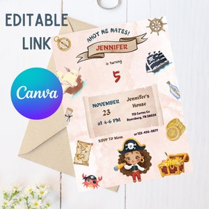 Faire-part d'anniversaire fille pirate modifiable - modèle toile nautique - carte au trésor carte au trésor - faire-part téléphone fête pirate rose