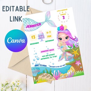 Anpassbare Geburtstagseinladung - Meerjungfrau-Themaparty einladen - Bearbeitbare Canva-Vorlage - Digitales Design für Mädchen - DIY-Mädcheneinladung
