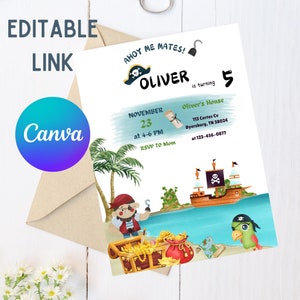 Invitación de cumpleaños pirata editable: plantilla náutica de Canva: fiesta pirata con mapa del tesoro