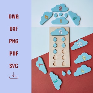 CNC-Designdateien für Montessori-Himmelspuzzle, pädagogisches Holzspielzeug, Wolken und Regentropfen, CNC-Datei