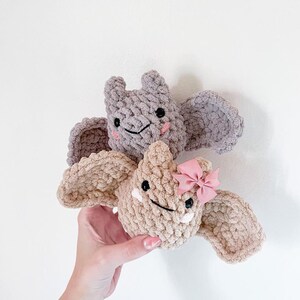 May include: Two crocheted bat plushies, one brown with a pink bow and one grey. Both have embroidered eyes and smiles.
