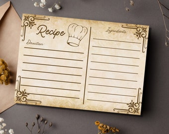 May include: A vintage-style recipe card with a brown border and a chef's hat illustration. The card has sections for "Direction" and "Ingredients" with lined spaces for writing.